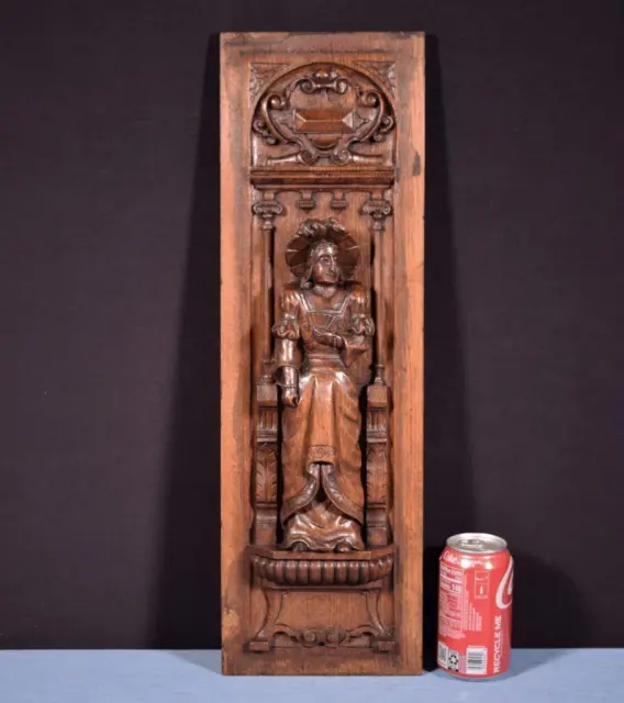 *French Antique Deeply Carved Solid Oak Wood Panel with Figure Highly Detailed