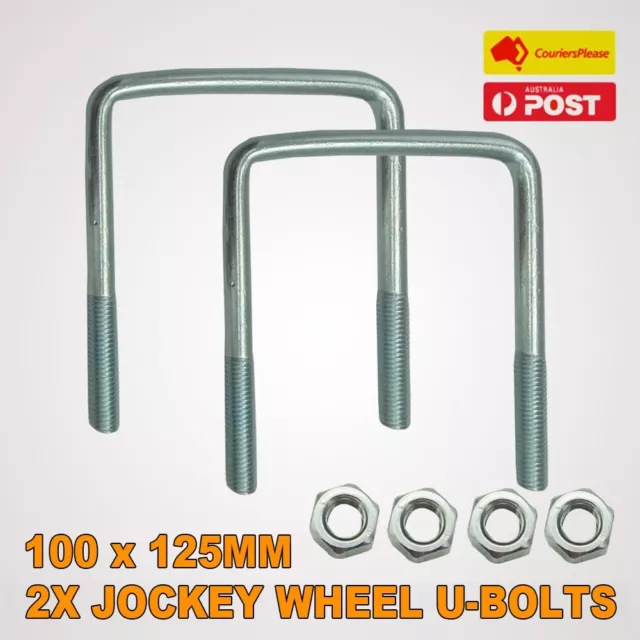 2x Trailer Jockey Wheel 100 x 125mm U Bolt Nut M12 arm long Square Boat Caravan