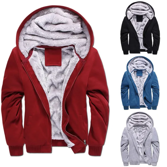 Men Winter Warm Thick Fleece Hoodie Zip UP Sweater Jacket Fur Lined Hooded Coats