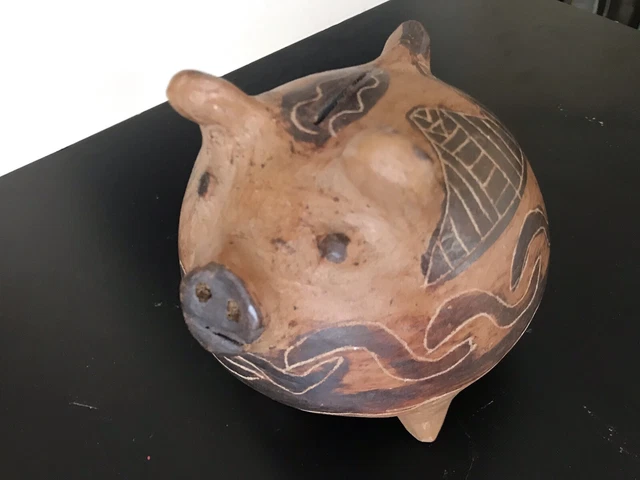 Vintage Mexican Pottery Piggy Bank Hand-Painted Clay Ceramic Pig Mexico
