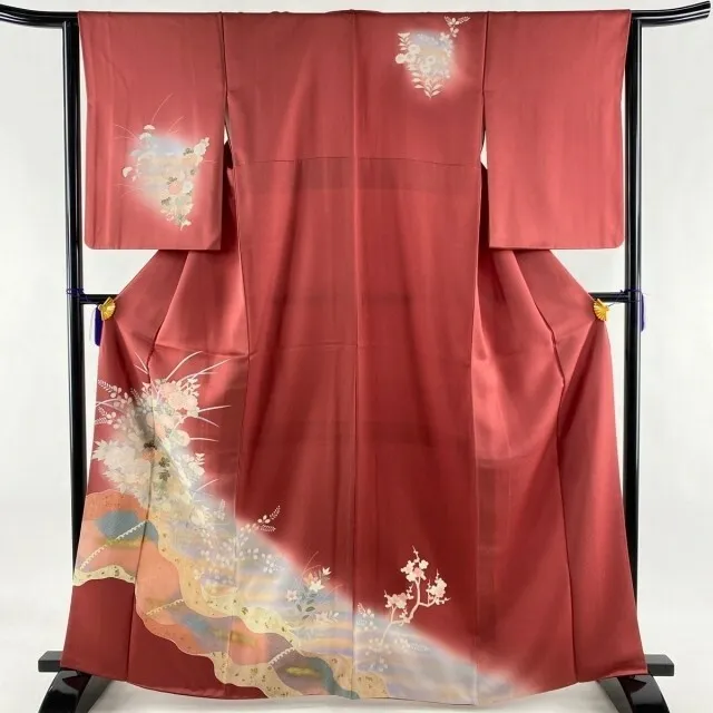 Woman Japanese Kimono Houmongi Silk Michinagadori Gold Foil Flower Blur Red