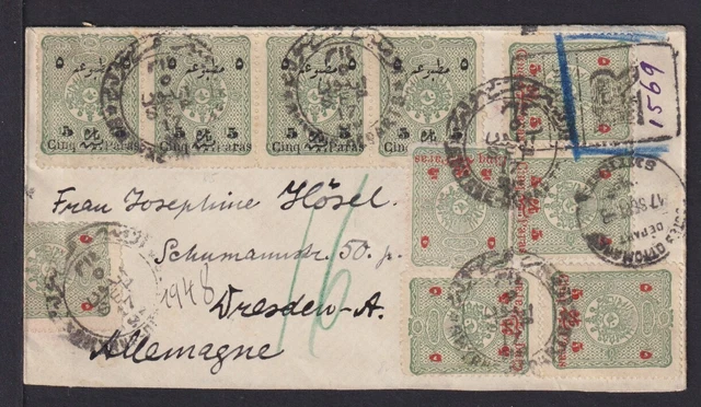 1898 - 20 Überdrucke auf Einschreibbrief ab SMYRNA nach Dresden (20041375)