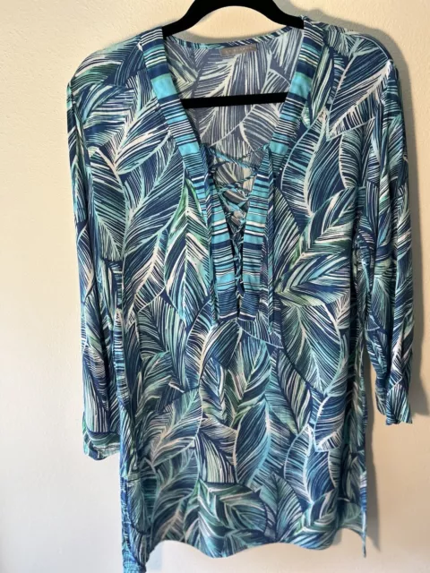 La Blanca Blue Leaf Print Lace Front Tunic Dress Swim Cover Up, Sz M