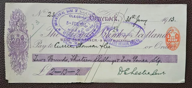 1913 The Royal Bank of Scotland, West End Branch, Greenock GB Cheque.