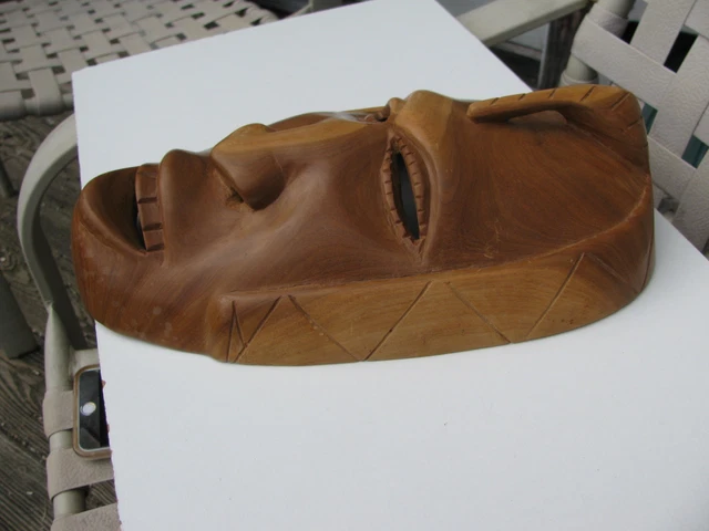 Vintage Hand Carved Mahogany Wood Grain African Mask Eyes Nose Mouth Cut Out 6