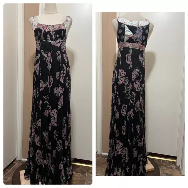 Rebecca Taylor Black Floral Silk Embellished Sleeveless Lined Maxi Dress Size 2