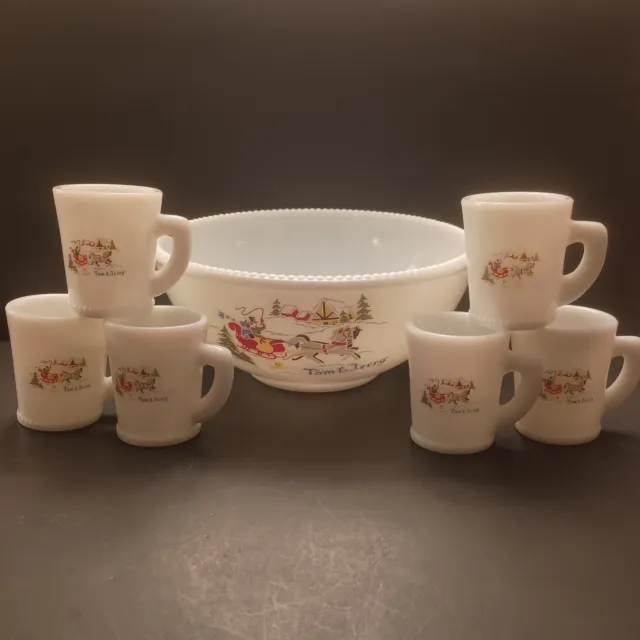 Vintage McKee Tom & Jerry Bowl Sleigh Horse With 6 Mugs (1 Repaired) Cups Eggnog