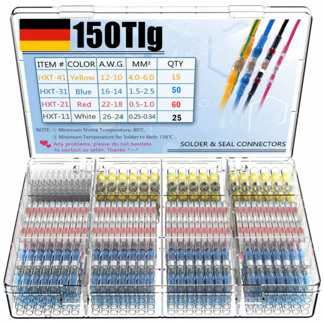 150X Lötverbinder Schrumpfverbinder Quetschverbinder Stoßverbinder Kabelver Set