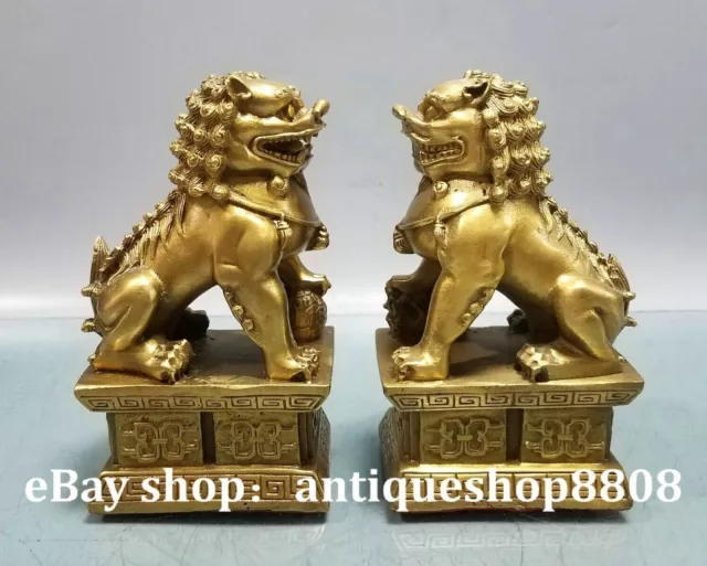 6" China Pure Bronze Copper Feng Shui Foo Fu Dog Guardion Door Lion Pair Statue
