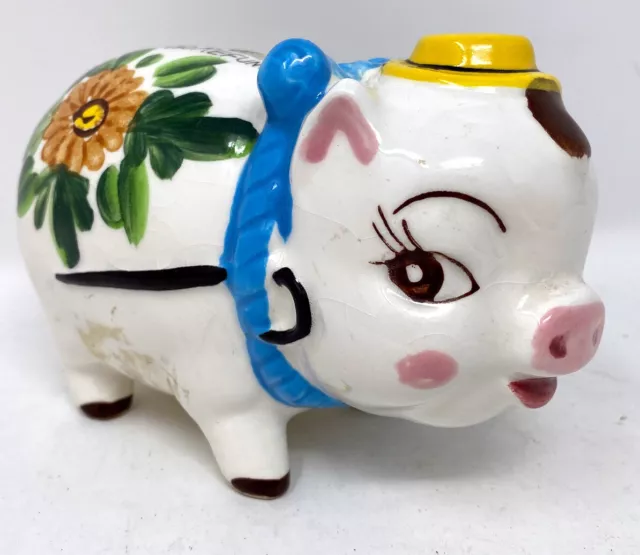 Vintage Piglet Pig Piggy Bank Cash Only No Refunds Flowers Bow Ceramic