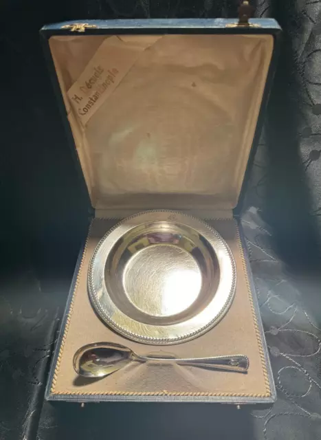 A Solid Silver German Infants Bowl & Spoon w Beaded Border in a Fitted Box 122g