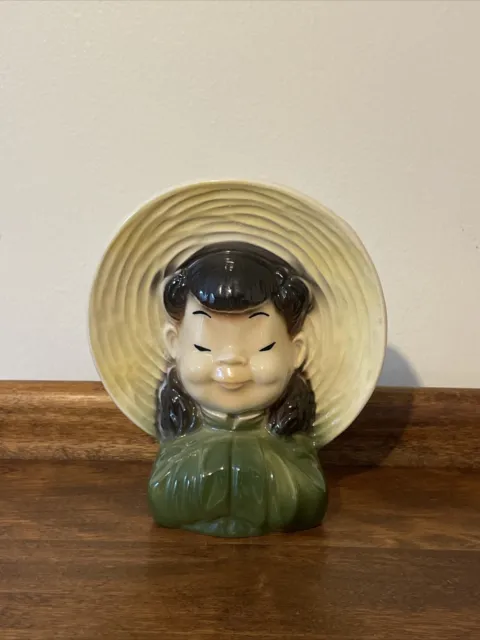 Vintage Royal Copley Ceramic Head Vase Wall Pocket Asian Girl 7.5” Plants Flower