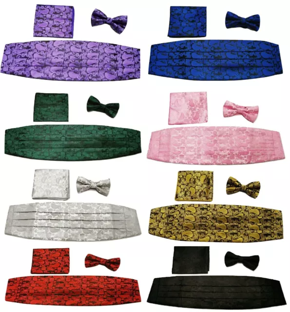 3 Pcs Satin Paisley Matching Cummerbund + Bow Tie + Pocket Square Set