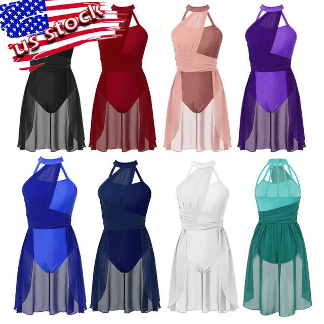 US Women's Sleeveless Sheer Mesh Color Block Leotard Dress Modern Dance Costume
