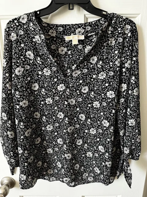 Michael Kors Women's Top M Black Floral V-Neck 3/4 Tie Sleeves