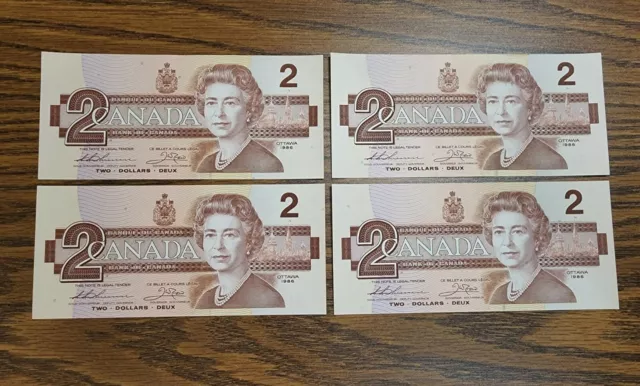 1986 Canadian 2 Dollar Bill (4) LOT - Sequence BGW9061848-51 Thiessen-Crow - AU