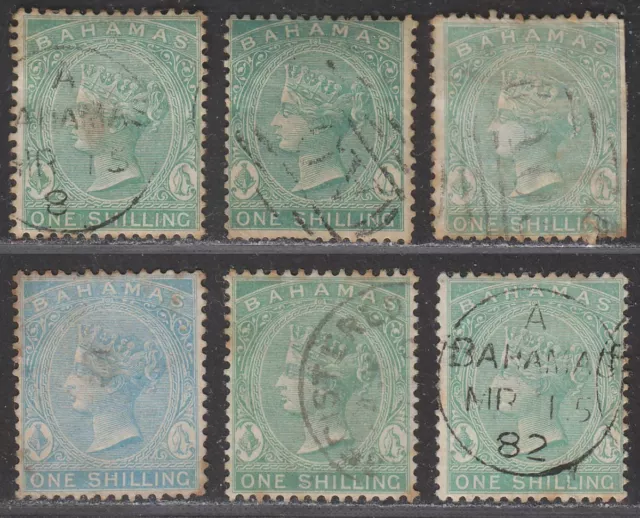 Bahamas 1863-82 Queen Victoria 1sh Perf 14 Selection Used with FAULTS