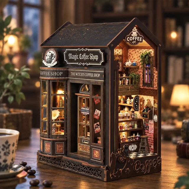 BOOK NOOK KIT Magic Coffee Shop DIY Wooden Dollhouse with LED Light ...