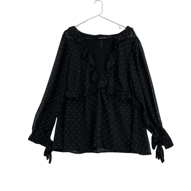 Torrid Women's Polka Dot Print Ruffle Tie Blouse Size 2X Black Sheer