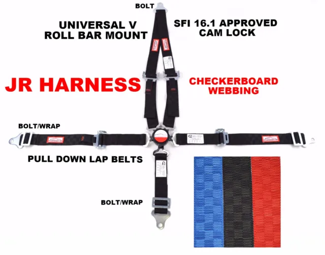 Quarter Midget Harness 5 Point Cam Lock 2" Sfi 16.1 Universal Black Checkerboard