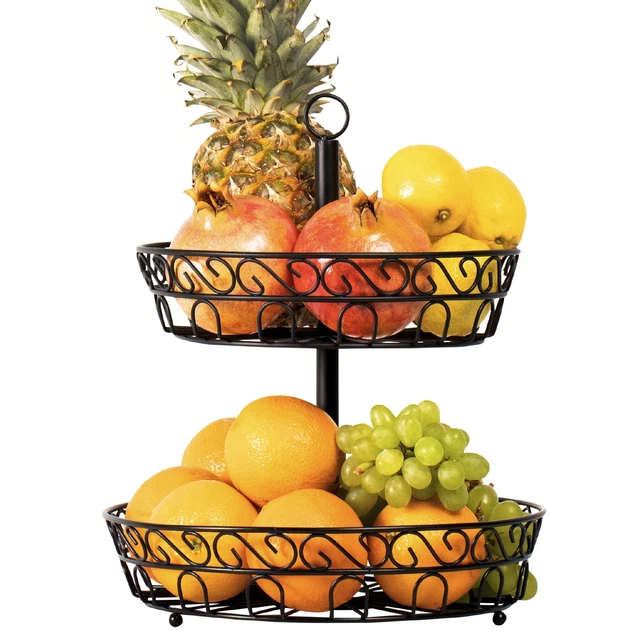 Corbeille à Fruits 2 étages En Céramique Et Bambou - Grande : 27,9 X 17,8 Cm - Vert - Mangoton - 2