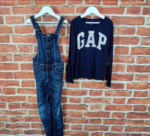 Girls Bundle Age 8-9 Years 100% Gap Denim Dungaree Long Sleeve T-Shirt Set 134Cm