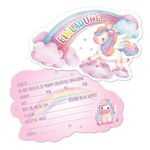 Kirsten McMillan Einhorn Einladungskarten – 32 Stück, A6, Mit Umschlägen, Regenbogen-Einhorn-Motiv, Für Kindergeburtstage 3–8 Jahre