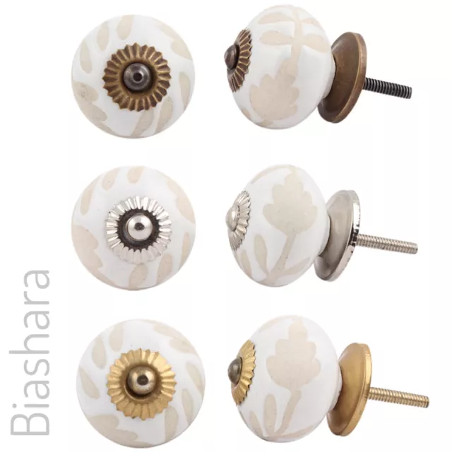 WHITE CERAMIC DOOR KNOB Cupboard Handles Cabinet Drawer vintage ETCHED floral