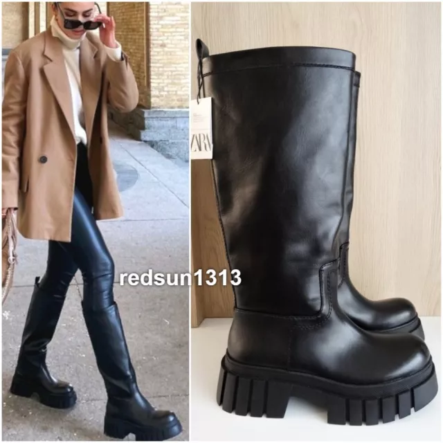 ZARA BLACK FLAT Knee High Boots With Track Soles Size Uk 4 4.5 Eu 37 Us 6.5 79.99 PicClick UK