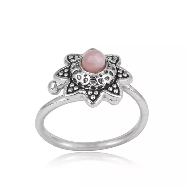 Pink Opal Gemstone 925 Silver Oxidized Floral Design Adjustable Ring Jewelry