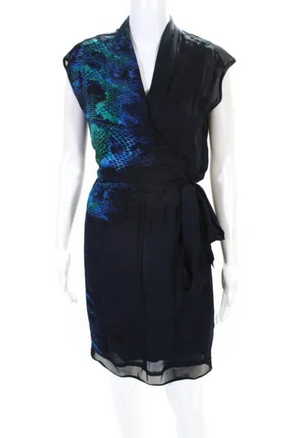 T Tahari Womens Sleeveless V Neck Printed Suzanna Dress Navy Blue Green Size 4