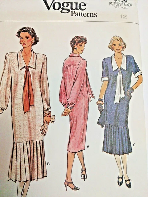 Midi Vestido Gota Pliegues 12 Vogue 9158 Costura Patrón UC Vtg 80s Cuello Recto