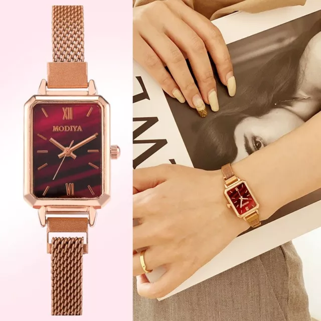 Women Watches Fashion Square Ladies Quartz Watch Bracelet  Rose Gold Mesh Luxury