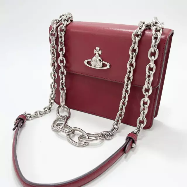 USED VIVIENNE WESTWOOD Chain Shoulder Silver Orb Leather Red H 16 W 20 ...