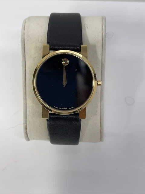 Movado Men’s Museum Classic Black Dial Black Leather Watch 0607314 Tested Workin