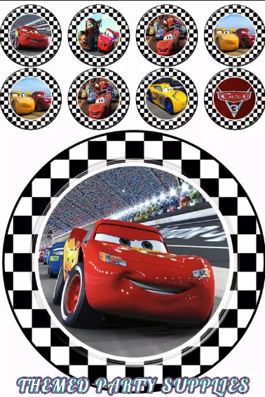 Disney Cars Cake Topper 7 Inch Round Includes 32 Cupcake Toppers!!