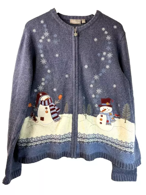 Croft & Barrow Cardigan Sweater Women's Blue Snowflakes snowmen zip up size-- XL