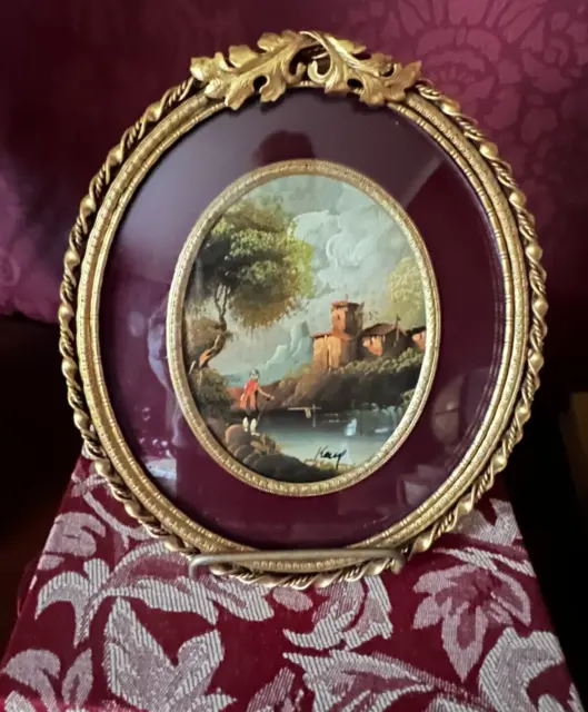 SIGNED OVAL MINIATURE Oil Painting Country Landscape Castle River Fishing  Framed $135.00 - PicClick