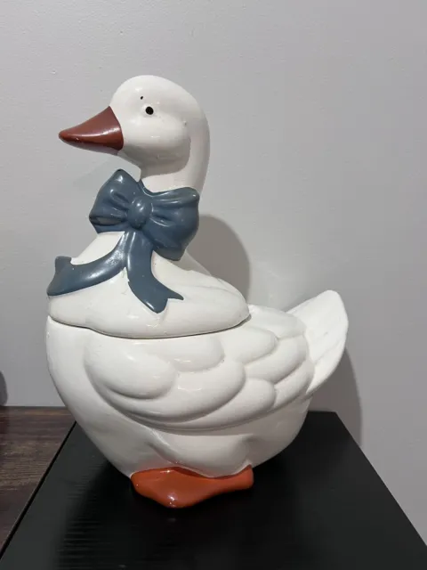 Vintage 80s Ceramic Goose Duck COOKIE JAR - BLUE BOW - 14 " Tall  Made In Taiwan