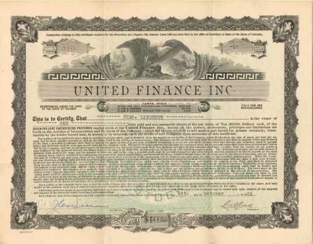 United Finance Inc. - Stock Certificate - Banking Stocks