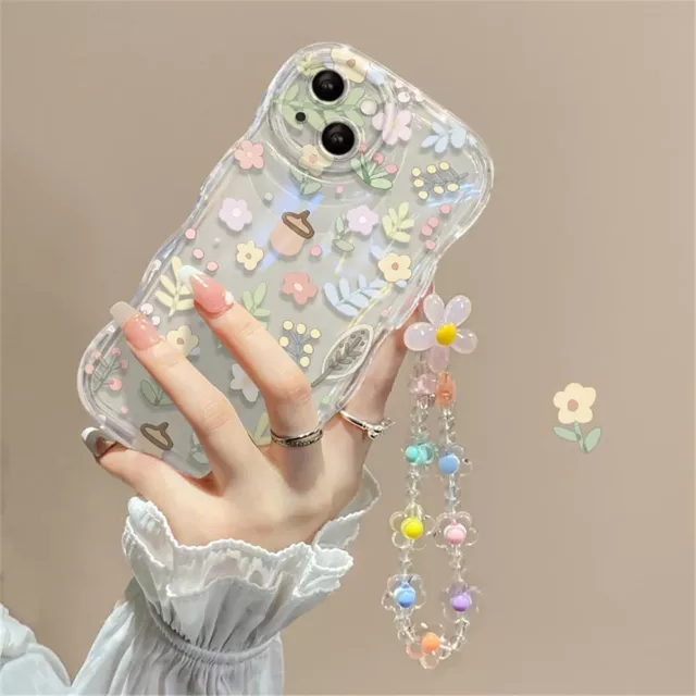 Cute 3D Flower Bracelet Wrist Chain Phone Case for iphone 13 14 Pro Max 11 12 X