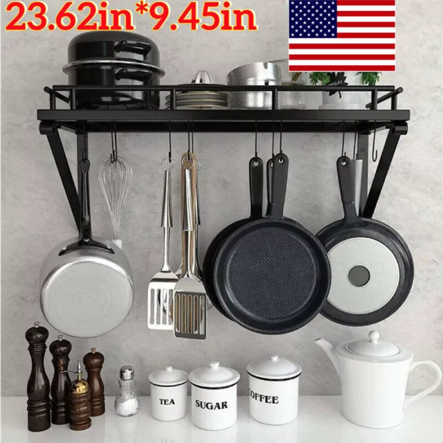 Kitchen Hanging Pot Pan Rack Wall Mount Iron Storage Shelf Saucepan Holder US