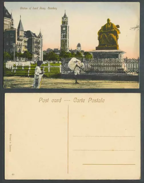 India Old Hand Tinted Postcard Bombay Statue of Lord Reay, Monument, Clock Tower