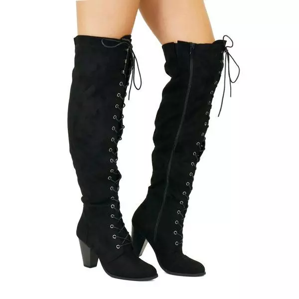 Women's Over The Knee Lace Up Stacked Heel Boots Shoes