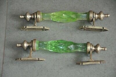 2 Pc Vintage Brass Green Cut Glass Victorian Engraved Door Handles 3