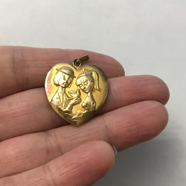 Pendentif/broche Cœur Ancien En étain - Style Vieil Or, 42x50 Mm, Occasion