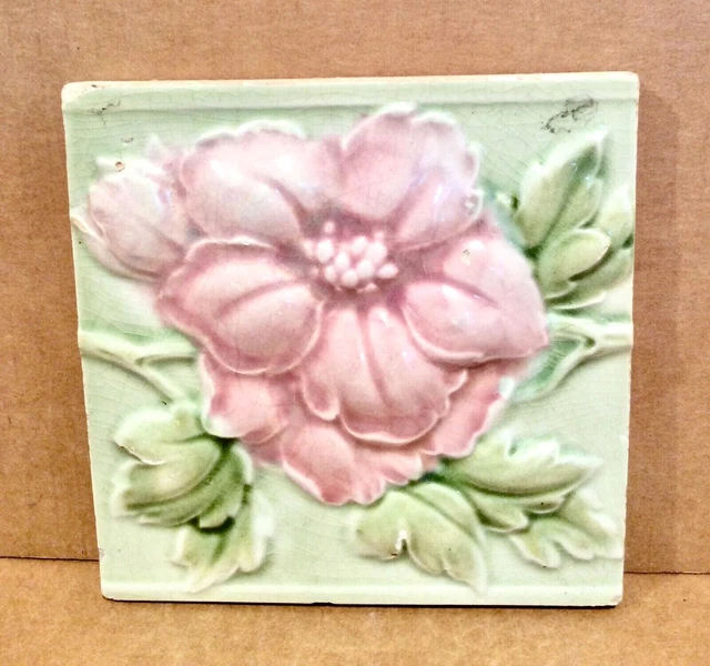 Art Nouveau Japanese Rose Tile, High Relief, 1920s, Japan, 6x6, Ceramic