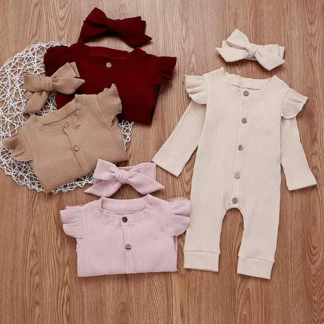 Newborn Baby Girls Ribbed Outfits Romper Jumpsuit Headband Set Infant Clothes 2