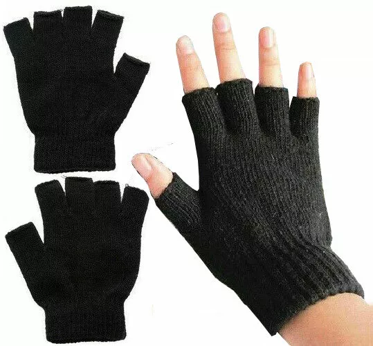 Mens Ladies Thermal Gloves Black Fingerless Grip Unisex Winter Warm Adult Glove