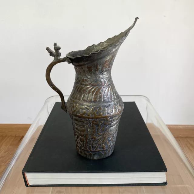 Antique 19th Century Middle Eastern Tinned Copper Ewer Wide Mouth Pitcher Etched